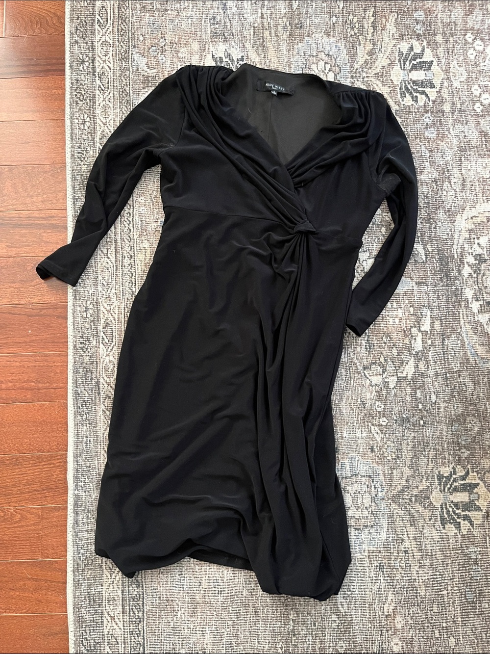 Nine West Black Long Sleeve Twist-Front Wrap Dress